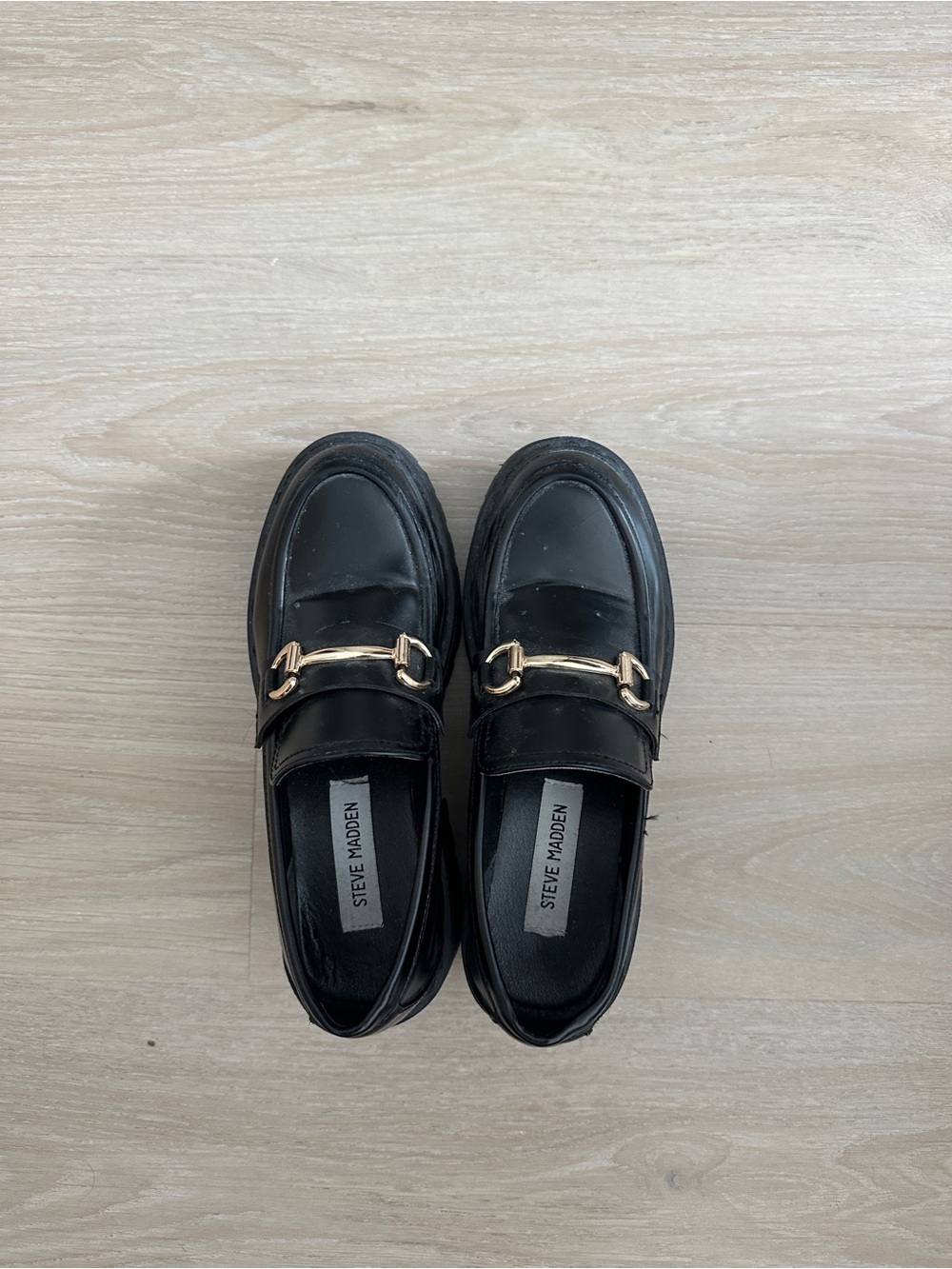 Steve Madden Black Chunky Loafers with Gold Horsebit Detail